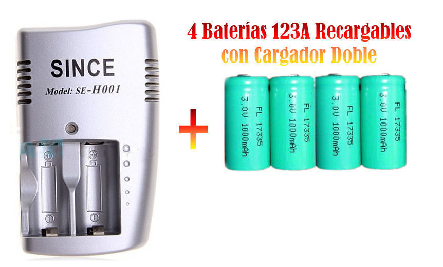 Baterias Recargables CR123A con Cargador (4 unidades de Baterías