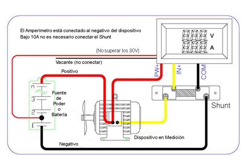 Voltimetro Amperimetro y shunt 100V 50A Digital DC Rojo Azul